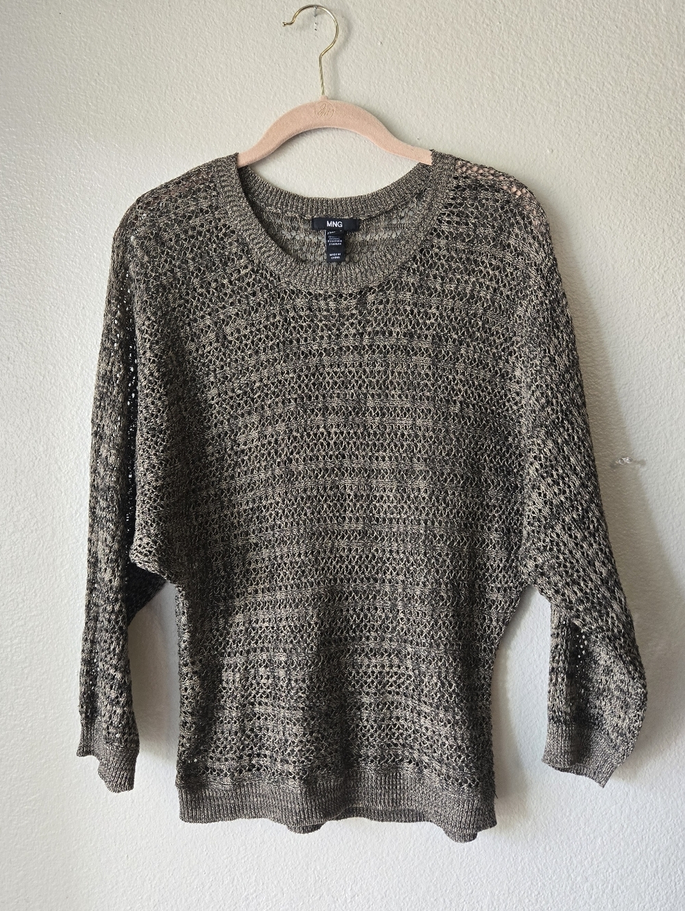 Mango (MNG) Open-Knit Olive Crewneck Sweater, Cotton, Wool, Cashmere, Size US-M